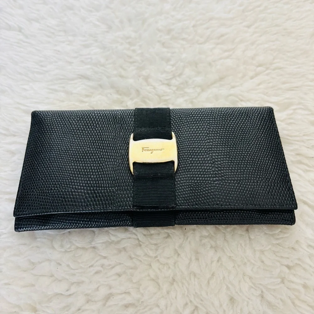 Ferragamo Black Grain Leather Women’s Long Wallet